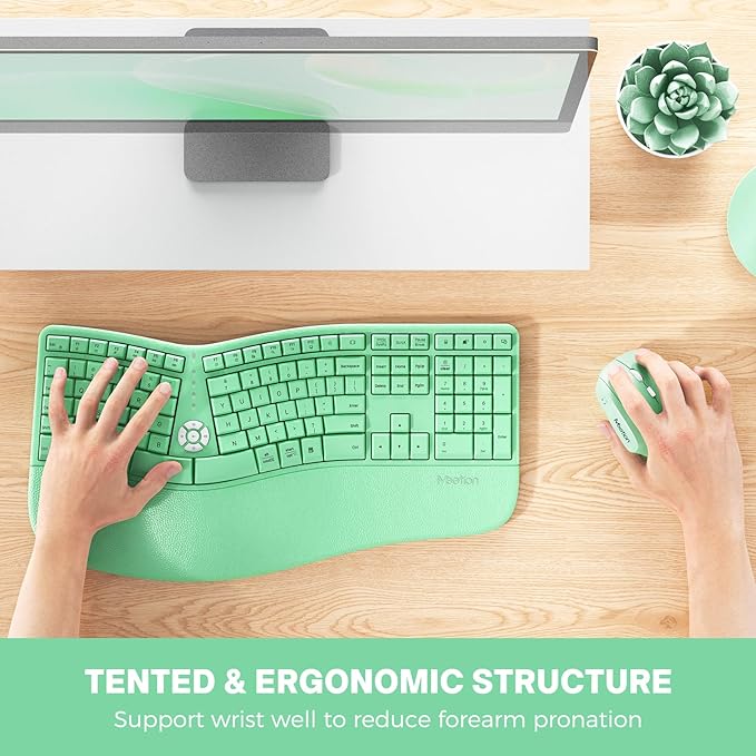 MEETION Ergonomic Keyboard and Mouse, Ergo Wireless Keyboard with Vertical Mouse, Split Curved Keyboard with Wrist Rest, Full Size Natural Typing, Windows/Mac/Computer/Laptop, Green
