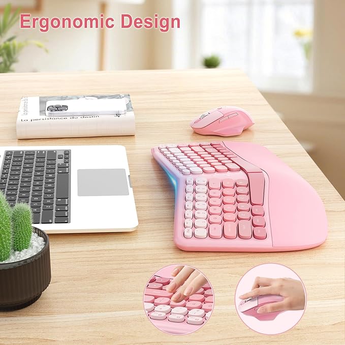Ergonomic Wireless Keyboard Mouse, Mechanical Gaming Set with Wrist Rest & OTG & Brush Ideal for Windows PC, Home, Office and College Pink