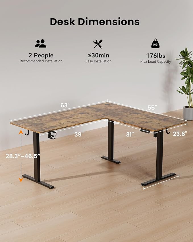 63 Inches Reversible L Shaped Standing Desk for Home Office, Electric Height Adjustable Corner Computer Desk, Sit Stand up Table with Cup Holder, Ergonomic Gaming Desk, Rustic Brown