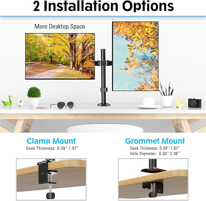 MOUNTUP Dual Monitor Desk Mount, Max 32 Inch up to 17.6lbs, Fully Adjustable Dual Monitor Arm for 2 LCD Screens, Double Monitor Stand with C-Clamp and Grommet Base