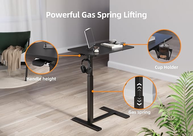 Claiks Height-Adjustable Overbed Table with Wheels, Portable Rolling Laptop Desk, Mobile Standing Desk for Home & Hospital Use, Black 25.5 inch