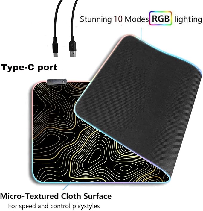 RGB Mouse Pad LED Desk Mat Large Gaming Mousepad Black and Gold Line Design, Keyboard Pad XL Mouse Mat for Home and Office (Black with Gold Topographic Line)