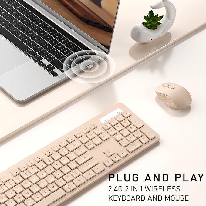 Wireless Keyboard and Mouse, 2.4GHz Cordless Keyboard Mouse Combo, Optical Mouse, Plug and Play USB Receiver, Compatible with Windows, Mac, Laptop, and PC（Milk Tea）