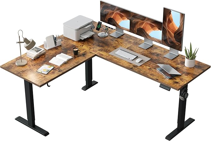 Agilestic L Shaped Standing Desk 63 x 55 Inch, Electric Height Adjustable Corner Sit Stand Desk with Memory Preset Controller, Large L Shaped Computer Desk for Home Office Workstation, Vintage Brown