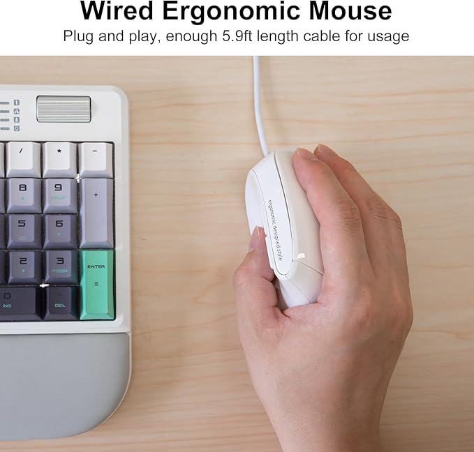 SANWA Wired Ergonomic Mouse, Silent Click Vertical Computer Mice, 3 Programmable Buttons, Optical Ergo Mouse, Reduce Wrist Strain, 1000/1600 DPI, Compatible with Mac, Windows, Laptop, PC, White
