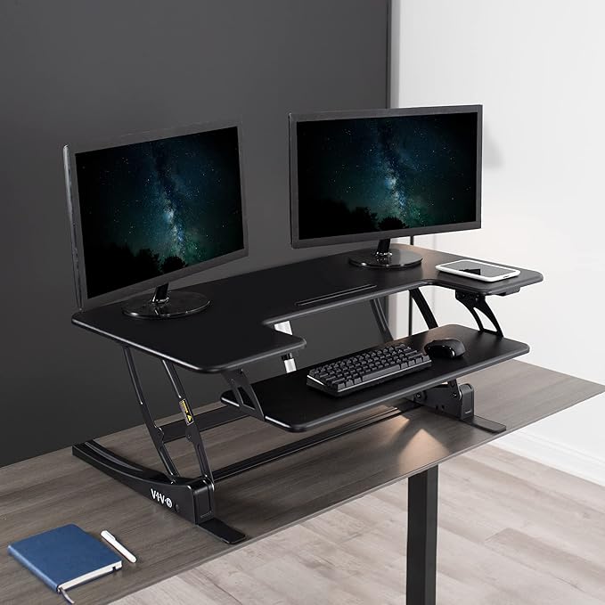 VIVO 42 inch Electric Height Adjustable Stand Up Desk Converter, VE Series, Sit to Stand Tabletop Dual Monitor Riser with USB Port, Black, DESK-V000VLE