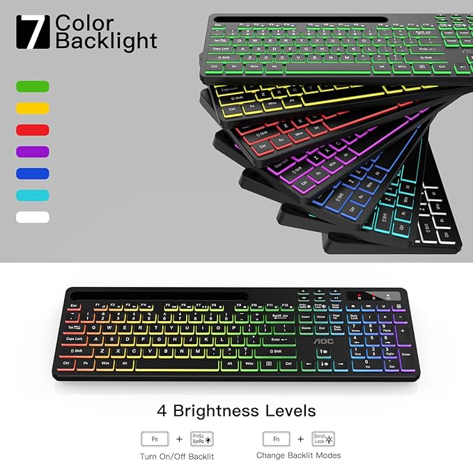 AOC KB600 Wireless Keyboard with 7-Color RGB Backlit, 2.4GHz Full-Size Computer Keyboard with Phone Tablet Holder, Number Pad, 22 Multimedia Hotkeys, Rechargeable for Mac, Windows
