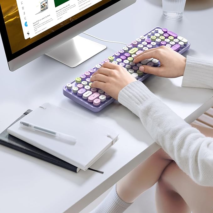 KNOWSQT Wired Computer Keyboard - Purple Colorful Retro Full Size Round Keycaps Plug and Play Typewriter Cute Keyboards for Windows, Laptop, PC, Desktop, Computer
