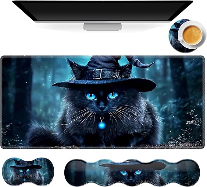 Gaming Mouse Pad Set, Black Cat Wearing Hat Large Desk Mat Mousepad, Keyboard Wrist Support, Mouse Wrist Rest, Coaster 4in1 Ergonomic Memory Foam, Non-Slip Stitched Edge for Home Office