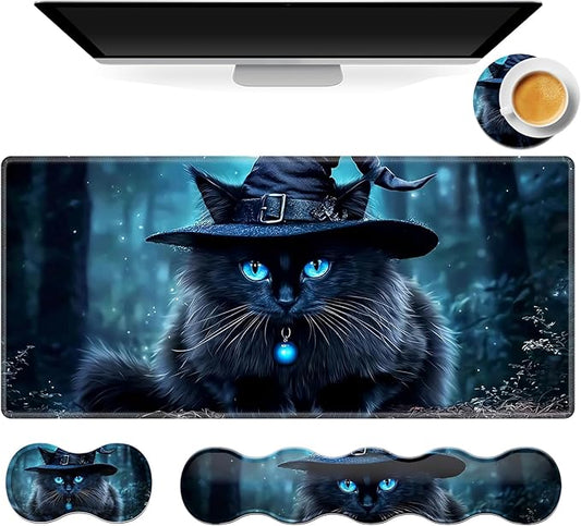 Gaming Mouse Pad Set, Black Cat Wearing Hat Large Desk Mat Mousepad, Keyboard Wrist Support, Mouse Wrist Rest, Coaster 4in1 Ergonomic Memory Foam, Non-Slip Stitched Edge for Home Office