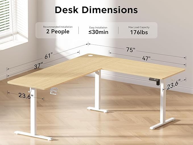 75x61 Inches Reversible L Shaped Standing Desk Height Adjustable with Cup Holder, Electric Corner Computer Workstation for Home Office, Ergonomic Sit Stand up Gaming Desk, Oak