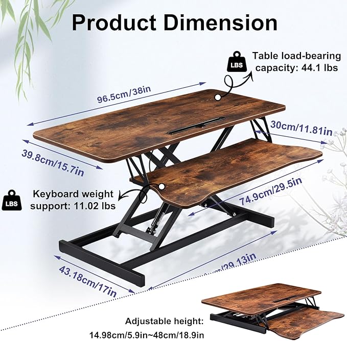 38-Inch Height Adjustable Standing Desk Converter, Duals Monitor & Laptop Riser with Wide Keyboard Tray, Sit to Stand Ergonomic Workstation for Home Office, School, Business, Tiger Brown