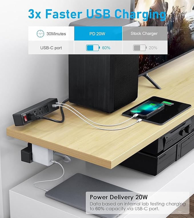 Dual Layer Desk Clamp Power Strip Surge Protector, Under Desk Power Strip with 10AC Outlets & 3 USB(20W USB-C), Desktop Edge Mount Charging Station, 15 Ft Extension Cord for Office Home (ETL Listed)