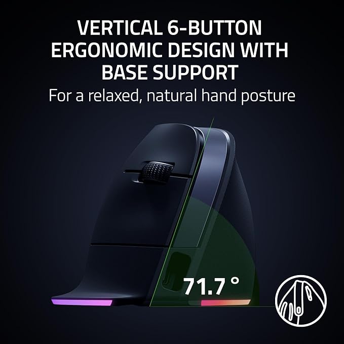 Razer Pro Click V2 Vertical Wireless Mouse: 6 Button Ergonomic Design - One Click AI Prompt - Supports Windows & Mac - Multi Device Connectivity via 2.4GHz, Bluetooth, or USB C Wired Mode - Chroma RGB