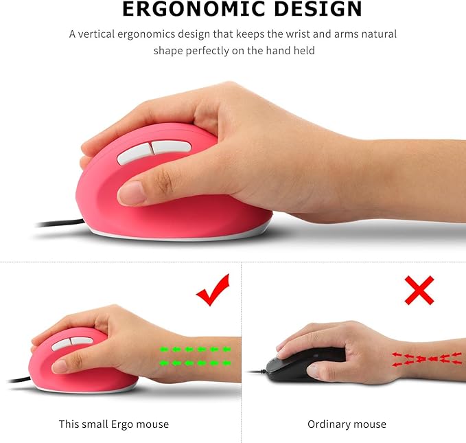 Wired Vertical Mouse, Ergonomic Optical USB Cord PC Gaming Mice 800-1200-1600 DPI Portable Silent Mause for Laptop Desktop Office Use (Pink)