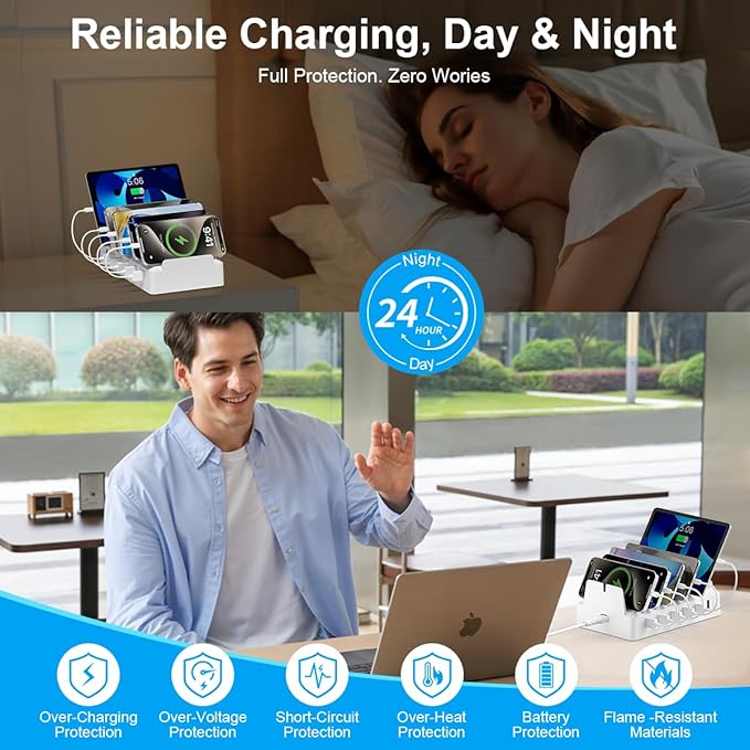 Charging Station for Multiple Devices, 6 Port USB Desktop Charger Dock Compatible with iPad, Samsung, Android, Tablet, Family Multi Phone Charging Organizer with Divider Holders, Fireproof ABS (White)
