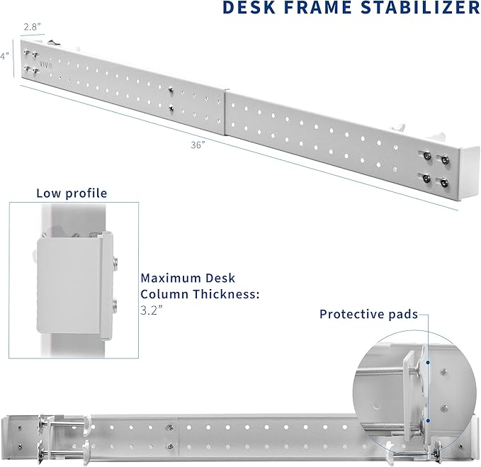 VIVO White Universal Steel Clamp-on Desk Stabilizer Bar for Sturdy Reinforced Workstation, 36 to 61.6 inch Bracket Support System for Sit to Stand Desk Frames, Expandable Width Adjustment, DESK-STB01W
