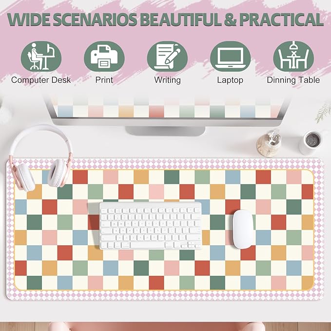 Desk Pad for Keyboard and Mouse, Large Mouse Pad for Desk, Non-Slip Keyboard Mat, Computer Mats for Desk, Cute Desk Pad with Stitched Edges for Office, Gaming I Multicolored Plaid