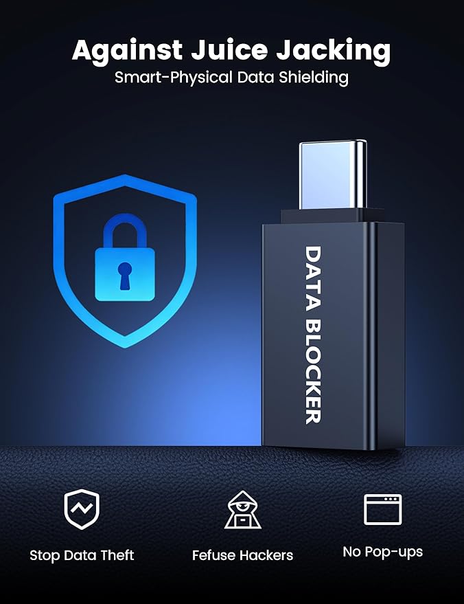 4 Kinds of USB Data Blocker Adapter, USB C Data Blocker for iPhone 15 16 17 and for Android Phone or for ipad, A to A & A to C & C to C & C to A Only for Charge, Protect Against Juice Jacking (Black)