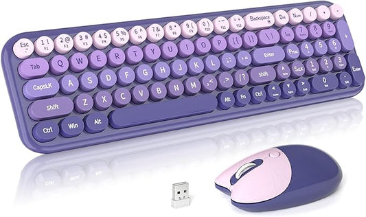 Wireless Keyboard and Mouse Combo, Portable Retro Keyboard with Compact Size, 2 in 1 USB Connected Mouse for Windows 7/8/10, Laptop, Desktop, PC, Computer (Purple)