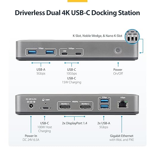 StarTech USB-C Docking Station Dual 4K 60Hz DisplayPort, 100W Power Delivery Charging, 6 USB Ports (10Gbps), Gigabit Ethernet, Driverless Windows Professional Laptop Dock (201N-USBC-DOCK)