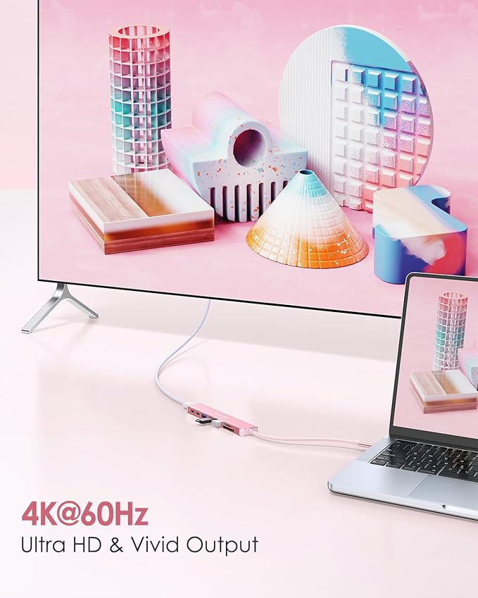 LENTION 8-in-1 USB-C Hub with 4K 60Hz HDMI, 100W Power Delivery, 5Gbps USB C Data, 3 USB 3.0 and microSD & SD Card Reader for 2025-2016 MacBook Pro, New Mac Air/Surface, More (CB-CE18s, Rose Gold)
