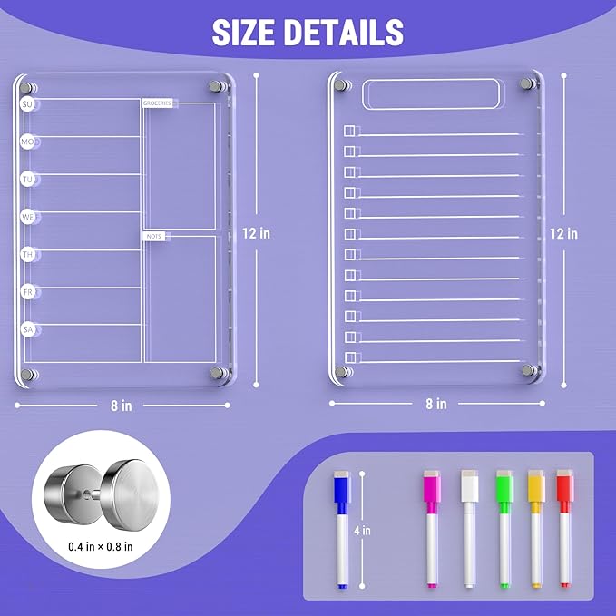 Magnetic Acrylic Weekly Planner and to Do List Set for Fridge – 8"×12" Clear Dry Erase Boards with 6 Markers, Reusable Fridge Whiteboard for Meal Planning, Chores, Office & Family Tasks