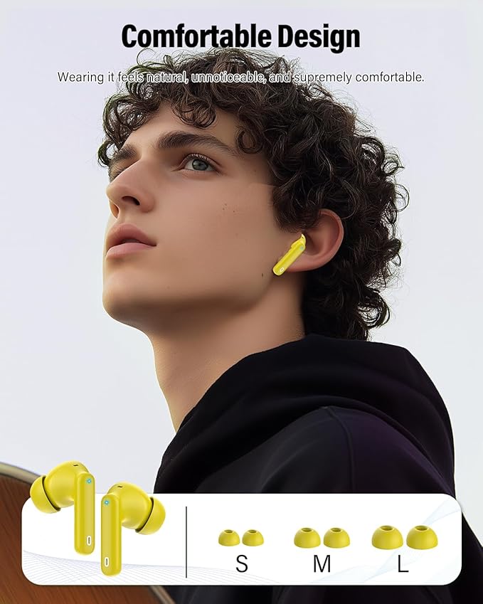 Wireless Earbuds, Bluetooth 5.4 Headphones Bass Stereo, Ear Buds with Noise Cancelling Mic, IP7 Waterproof in Ear Earphones, 36H LED Display Bluetooth Earbuds for Laptop Pad Phones, Golden Yellow