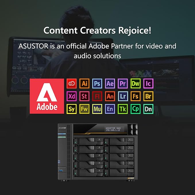 Asustor Lockerstor 10 Gen3 AS6810T 10 Bay NAS, AMD Ryzen Quad-Core 2.3 GHz, 16GB RAM ECC DDR5, 4 M.2 NVMe Slots, Dual 5GbE and Dual 10GbE Port, USB 4.0 Type-C, Network Attached Storage (Diskless)