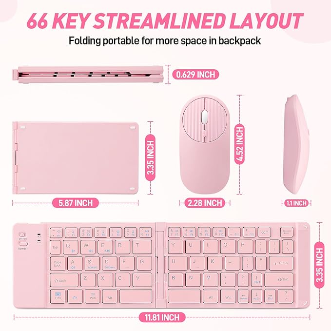 Mini Rechargeable Foldable Bluetooth Keyboard and Mouse Combo, Portable (Sync Up to 3 Devices), Ultra-Slim Travel Folding Keyboard for iPhone iPad Mac Android Windows iOS（Pink）