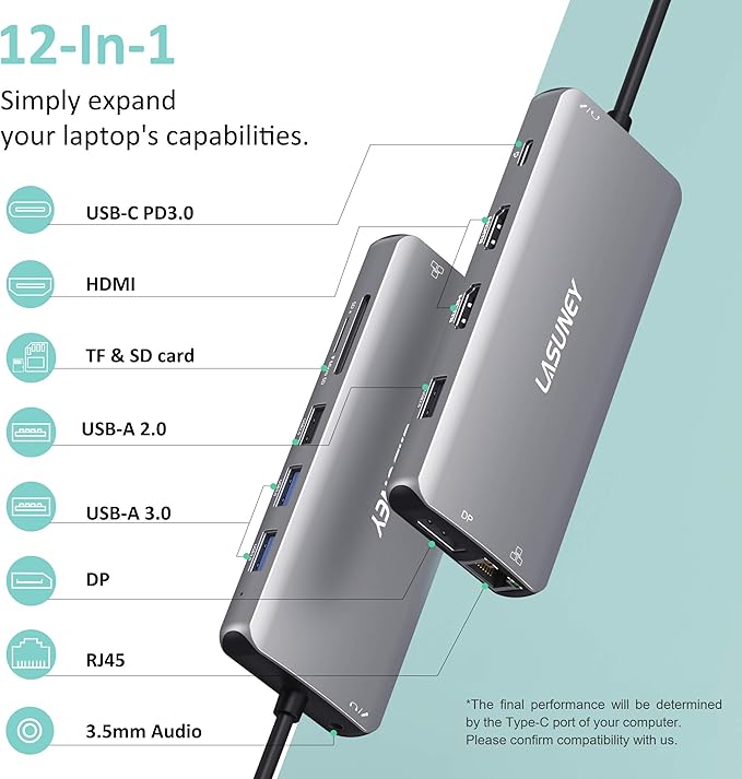 LASUNEY 12-in-1 Hub USB C Laptop Docking Station Dual Monitor, Multiport Adapter Dongle with 2 HDMI, DisplayPort, RJ45, SD/TF, USB C/A Ports, PD, Mic/Audio, Compatible for MacBook Dell HP Lenovo
