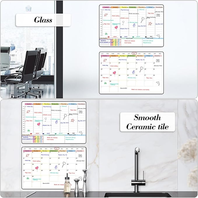 POPRUN 2 Pack Dry Erase Calendar 16.5" × 11", Weekly & Monthly Self Adhesive Planning Board with Time Slots for Wall Glass Wood, Home Office Organizer