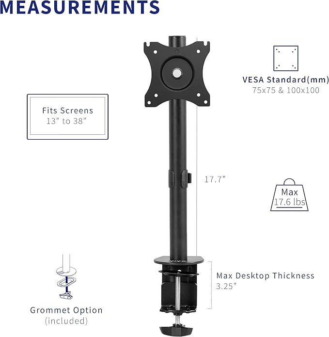 VIVO Single 13 to 38 inch LCD Monitor Heavy Duty Desk Mount Stand, Holds 1 Standard to Ultrawide Screen up to 38 inches, STAND-V001C