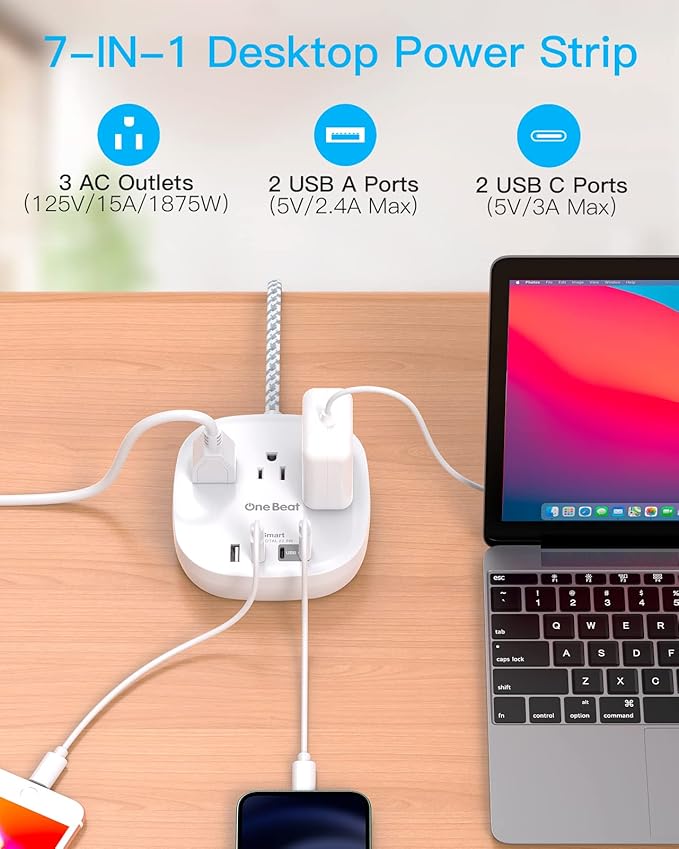 10Ft Flat Plug Power Strip, Ultra Thin Extension Cord - 3 Outlets 4 USB Ports (2 USB C) Desktop Charging Station, Cruise Ship Power Strip with No Surge Protection for Travel, Dorm Room Essentials