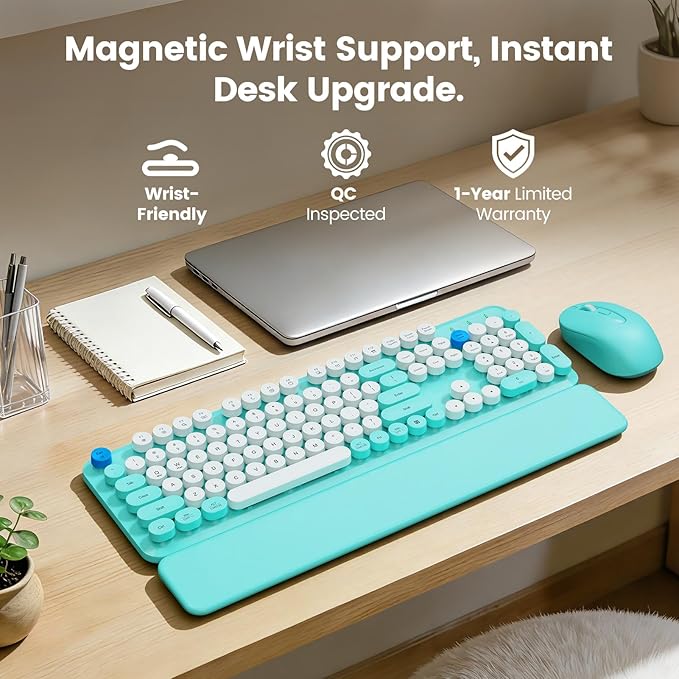 Wireless Keyboard and Mouse Combo with Magnetic Wrist Rest, Round Keycaps, Full-Size Retro Typewriter-Style Keyboard, Two-Stage Tilt Legs, Auto-Sleep, 2.4GHz Wireless for Windows PC Laptop, Aqua Blue