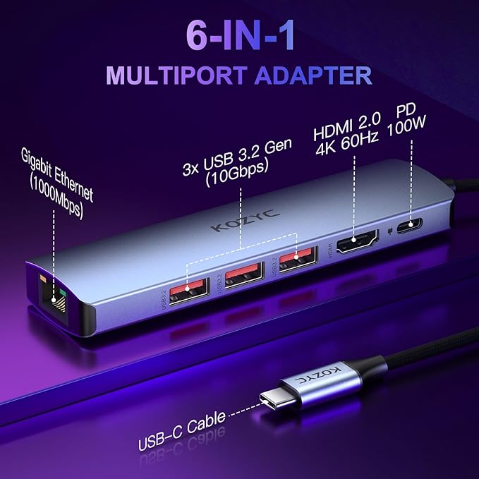 USB C Hub Ethernet, KOZYC 6-IN-1 USB C Hub with 10Gbps, HDMI 4K 60Hz, 1Gbps Ethernet, 3xUSB-A 3.2 , 100W PD Compatible with MacBook Air/Pro, XPS13/15, Dell