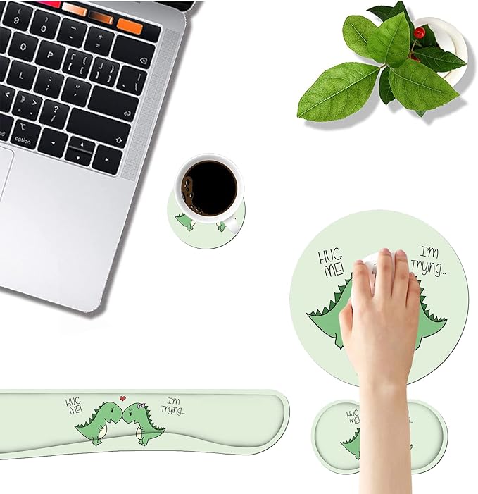Keyboard Wrist Rest and Mouse Pad Wrist Rest Set with Coasters [4Pcs], Ergonomic Support, Non-Slip Rubber Base, Easy Typing & Pain Relief for Home Office Working Studying, Cute Little Dinosaur