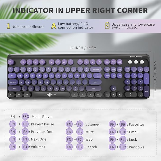 Wireless Keyboard Mouse Combo,Typewriter Cute Retro Style,104 Round Key Colorful Keyboard with Number Pad,Letton Full Size Keyboard Mouse with 3 DPI for PC Laptop Computer-Black Purple