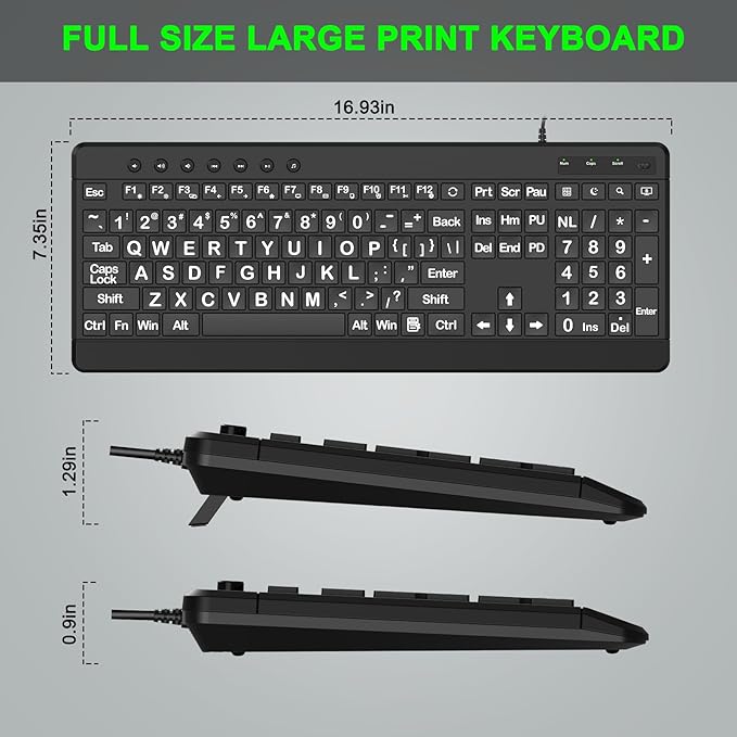 EDJO Large Print Ergonomic Keyboard, Full Size Keyboard with Wrist Rest, Silent Wired USB Computer Keyboards with Oversized Letter Keys Easy to See and Type for Laptop, PC, Windows, Desktop