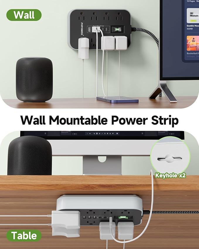 15FT Extension Cord- Power Strip Surge Protector with 8 AC Outlet & 6 USB Charging Block（3 USBC, Ultra Thin Flat Extension Cord 15 feet,1080 J Surge Protection for Home,Office, Desk Essentials.