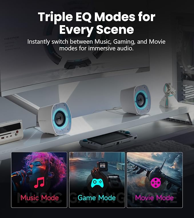 Edifier G1000 II Desktop Computer Speakers for Gaming, 2.5" Full-Range Driver & Enhanced Bass, Bluetooth 5.4 USB-C AUX, 9 Dynamic RGB Lighting Modes for PC - White