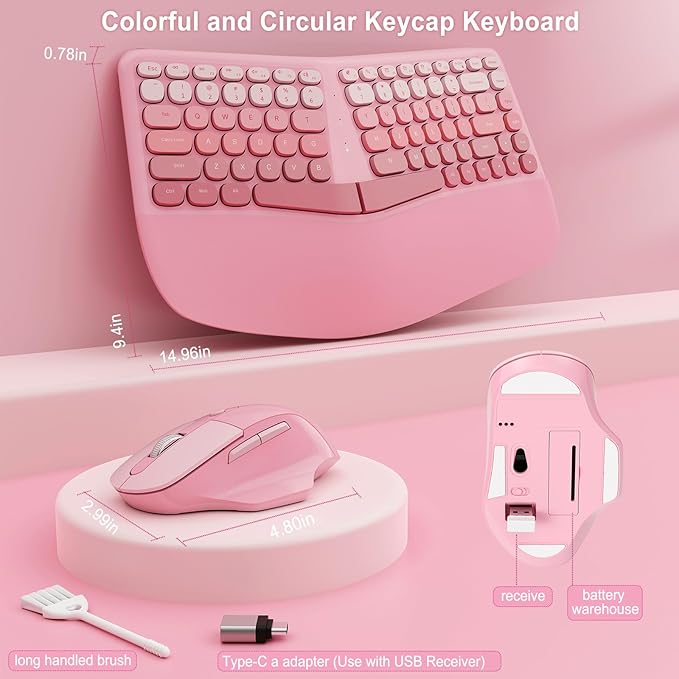 Ergonomic Wireless Keyboard Mouse, Mechanical Gaming Set with Wrist Rest & OTG & Brush Ideal for Windows PC, Home, Office and College Pink