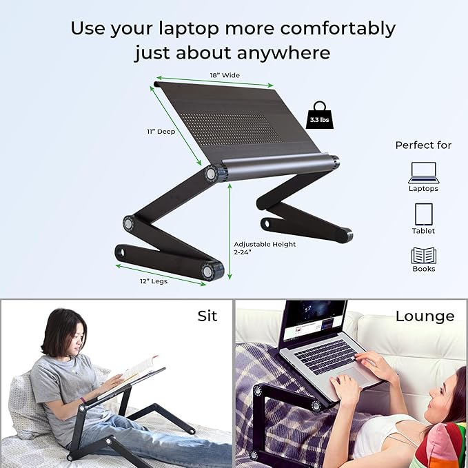 WorkEZ Executive Adjustable Laptop Stand for Desk, Adjustable Height Foldable Aluminum Computer Stand, Cooling Laptop Holder, Notebook Computer Riser for Desk, Black
