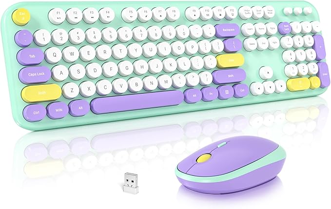 Wireless Keyboard and Mouse Set, SQMD Typewriter Full Size Keyboard with Number Pad, 2.4G USB Cute Typewriter Keyboard and Mouse Combo, for Windows 7/8/10, Laptop, Desktop, PC - Blue Colorful