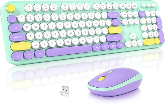 Wireless Keyboard and Mouse Set, SQMD Typewriter Full Size Keyboard with Number Pad, 2.4G USB Cute Typewriter Keyboard and Mouse Combo, for Windows 7/8/10, Laptop, Desktop, PC - Blue Colorful