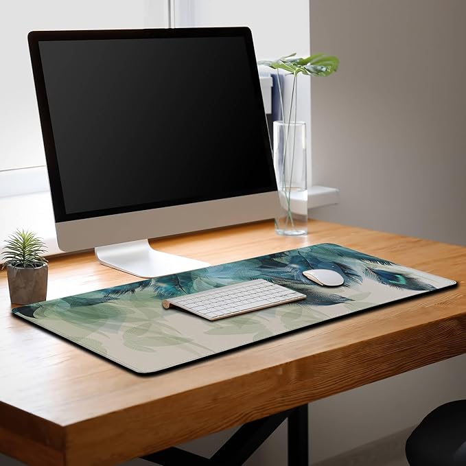 Gaming Mouse Pad Navy Desk Mat Large Desk Pads Mens Office Accessories Pad for Table Non-Slip Rubber Base Waterproof with Stitched Edges 35.4" X 15.7" for Game Office, Peacock Feather
