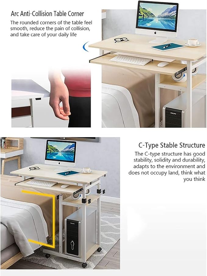 BBNB Laptop Desk, Standing Height Adjustable Computer Desk with Mobile Phone Tablet PC Slot Movable with Wheels, Portable Side Table for Bed Sofa (Color : A)