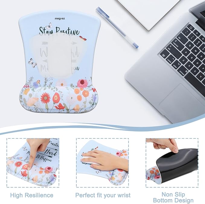 MEGREZ 4-in-1 Ergonomic Memory Foam Wrist Rest Set, Desk Pad, Mouse Pad with Wrist Rest, Keyboard Pad, Suitable for Office Workers, Programmers & Gamers–Relieve Typing & Gaming Fatigue, Light Blue