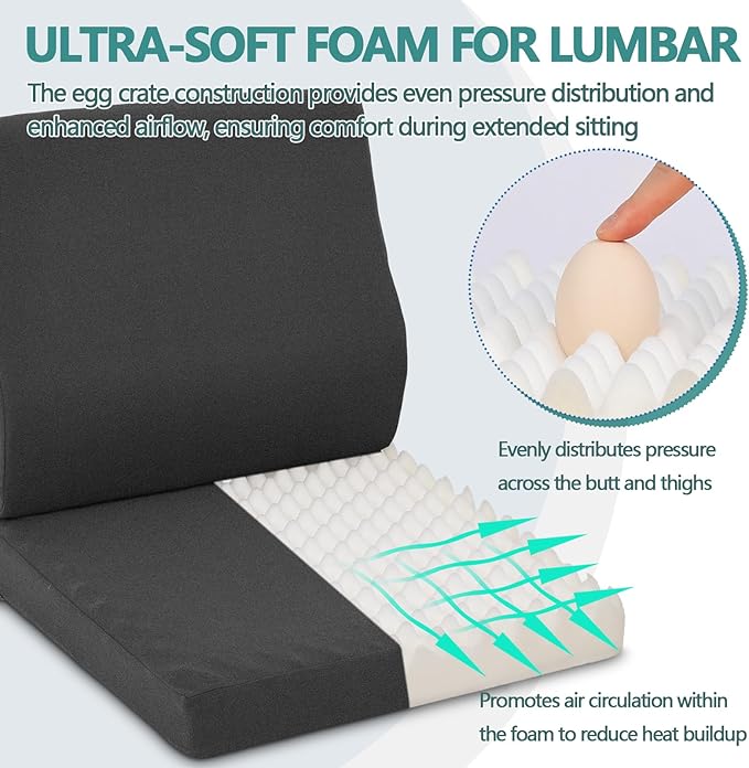 Shinnwa Lumbar Support Pillow for Recliner, Ultra-Soft Foam Back Support Pillow and Egg Crate Foam Seat Cushion 2-in-1 for Couch, Office Chair, for Back Pain Relief, Charcoal