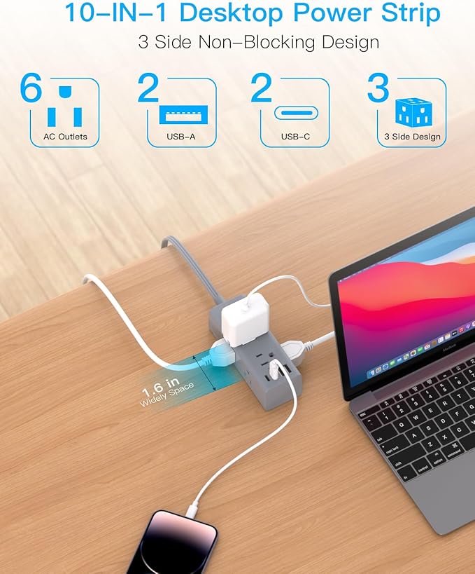 3Ft Extension Cord with Multiple Outlets, Flat Plug Power Strip Surge Protector with 1 Ft Cord, 6 Outlet 3 USB Ports (1 USB C), Multi Outlet Wall Plug for Travel, Dorm Room Essentials-Grey